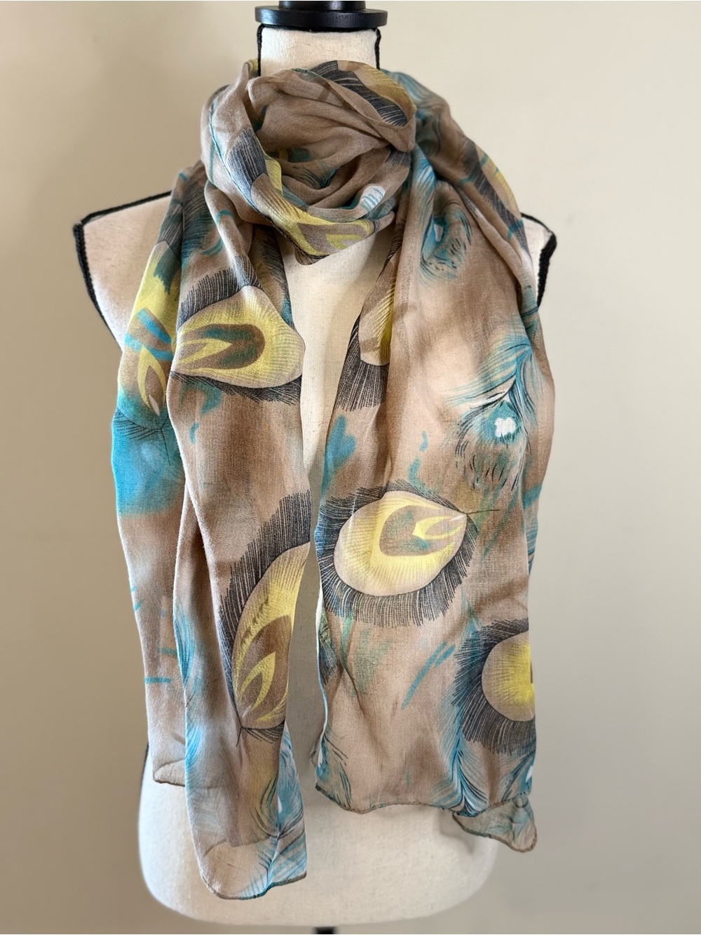 Peacock novelty print colorful large scarf cape shawl 74x22”